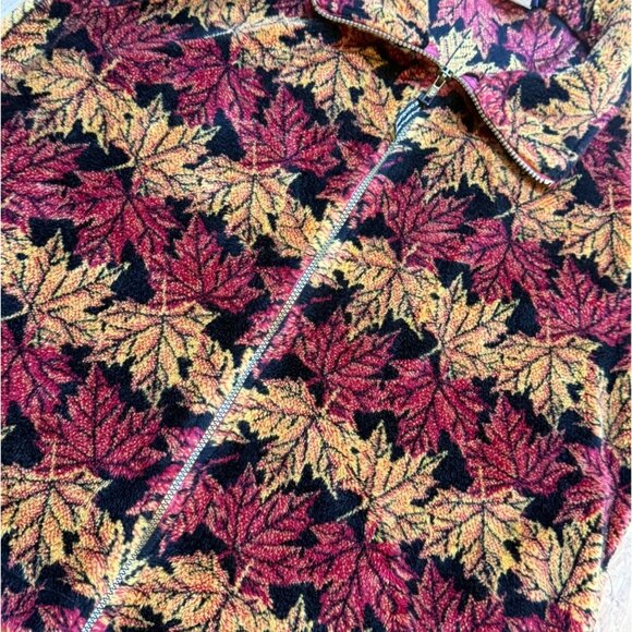 Vintage Chunky Fleece Vest Fall Leaves Print Made in Canada - Picture 2 of 7